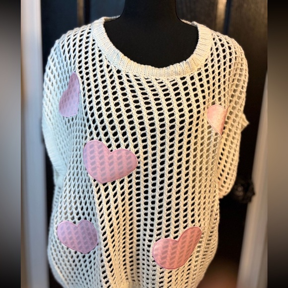 Judith March Cream and Pink Heart Mesh Blouse - Picture 2 of 5